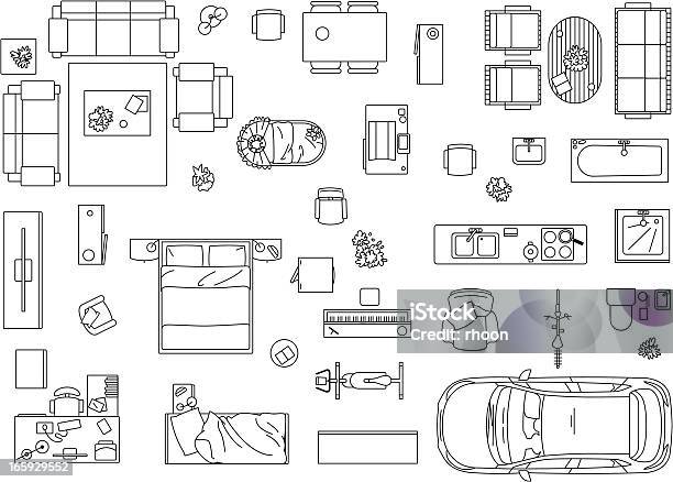 Imagem Vetorial Conjunto De Mobiliário Electrodomésticos E Carros - Arte vetorial de stock e mais imagens de Carro