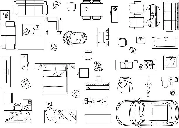 Vector illustration of Vector image set of furniture, appliances and car