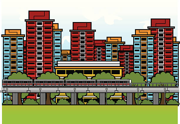 mrt pociągu pomiędzy hdb mieszkania - singapore stock illustrations