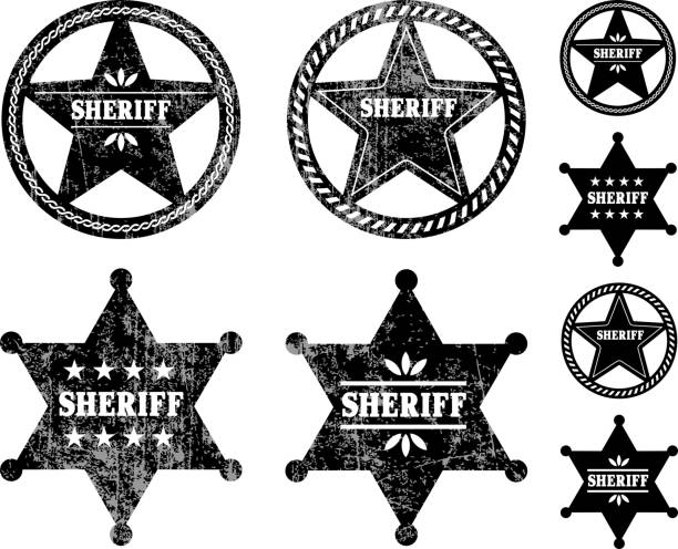 illustrations, cliparts, dessins animés et icônes de shérif badges noir et blanc ensemble d'icônes vectorielles libres de droits - coat of arms retro revival banner dirty