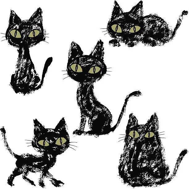 Vector illustration of Five black cats