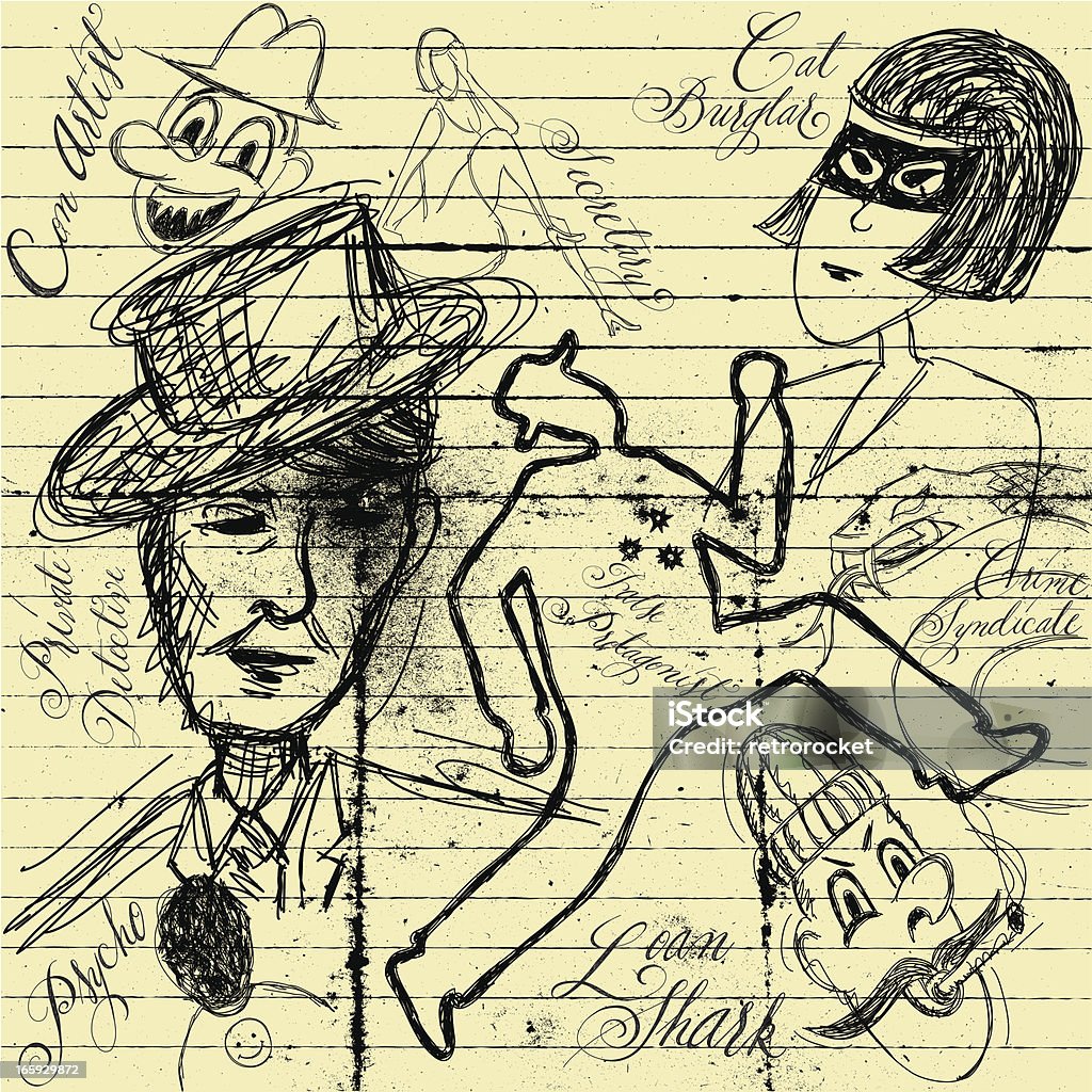 Classic Detective Novel Idea Sketches of character ideas to be used in a classic detective novel. The characters and calligraphy are on a separate labeled layer from the background. Scribble stock vector