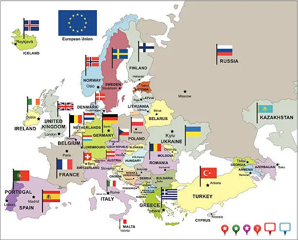 Vector illustration of europe map with flags and pin icons