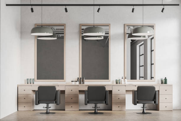 istock White barber shop interior with barber chairs and mirrors 1659301158