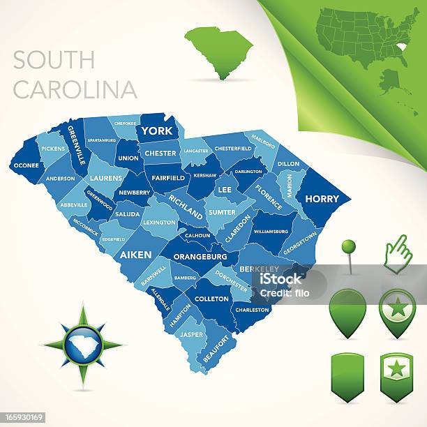 Contea Di Mappa Della Carolina Del Sud - Immagini vettoriali stock e altre immagini di Carolina del Sud - Carolina del Sud, Carta geografica, Distretto