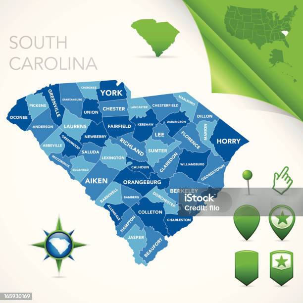 Южная Каролина Графство Карта — стоковая векторная графика и другие изображения на тему Южная Каролина - Южная Каролина, Карта, Район