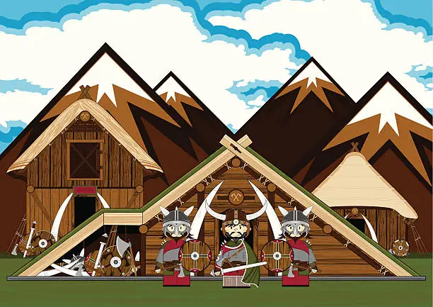 Vector illustration of Viking Warriors Village Scene