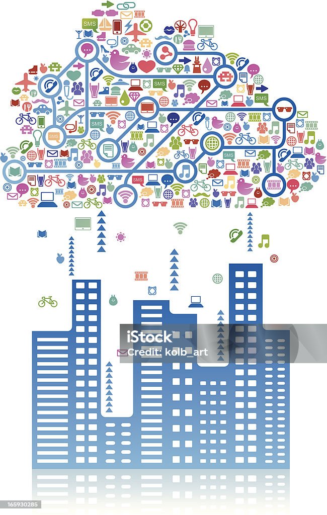 Médias sociaux de nuages au-dessus de la ville - clipart vectoriel de Abstrait libre de droits