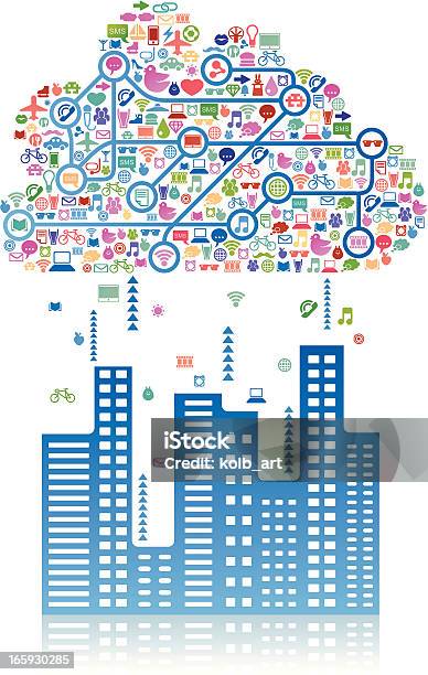 Media Społecznościowe Chmury Nad Miasto - Stockowe grafiki wektorowe i więcej obrazów Abstrakcja - Abstrakcja, Biznes, Cyfrowy wyświetlacz