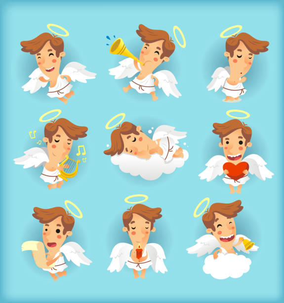 engelchen maßnahmen set - angel cherub heart shape smiling stock-grafiken, -clipart, -cartoons und -symbole