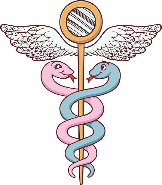 Cute Caduceus Cartoon Cute vector illustration cartoon of the well known medical symbol. The colors are in a separated layer, easy to edit. cartoon of caduceus medical symbol stock illustrations