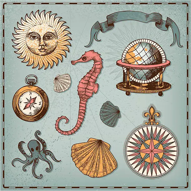 Vector illustration of Decorative nautical set