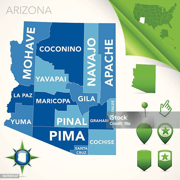 Аризона Графство Карта — стоковая векторная графика и другие изображения на тему Аризона - Юго-запад США - Аризона - Юго-запад США, Карта, Southern Arizona