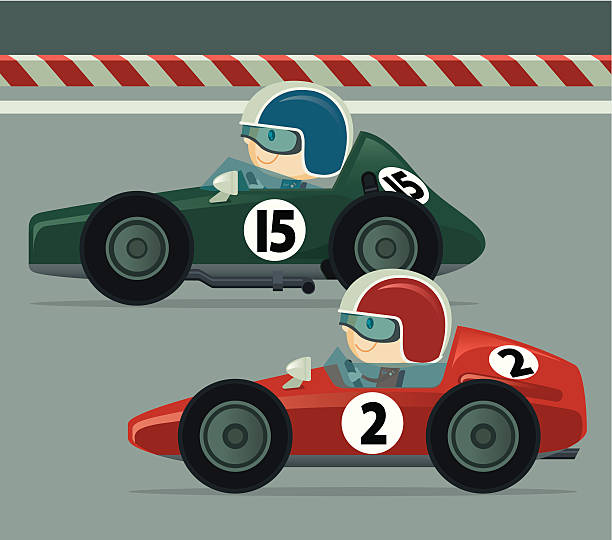 ilustraciones, imágenes clip art, dibujos animados e iconos de stock de vintage coches de carrera - car child teamwork sports race