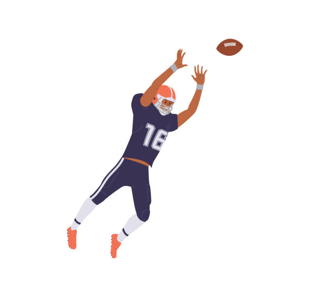 ilustrações, clipart, desenhos animados e ícones de jogador de futebol americano personagem de desenho animado jogando jogo de esportes pegando bola isolada no branco - football player american football sport professional sport