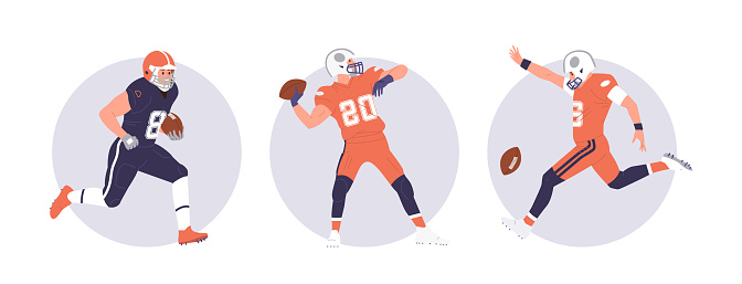 Isolated round icon frame composition with american football player playing team sport game match. Vector illustration of professional rugby sportsman training or taking part in tournament challenge