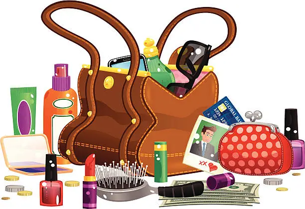 Vector illustration of Womans handbag and contents