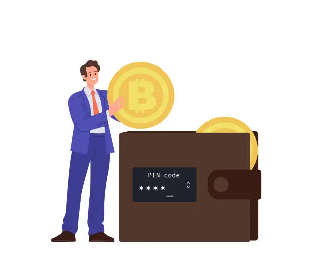 Vector illustration of Happy businessman putting bitcoin money golden coin into wallet isolated on white background