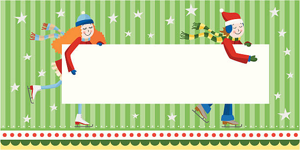 Iceskating boy and girl holding a sign vector art illustration