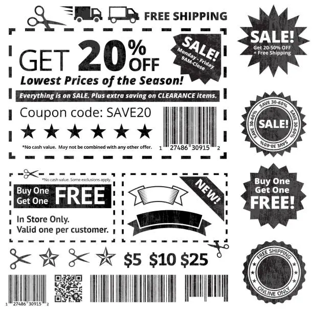 Vector illustration of Make Your Own Coupon Sale black and white icon set