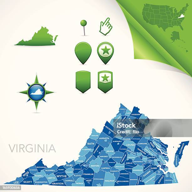 Виргиния Графство Карта — стоковая векторная графика и другие изображения на тему Виргиния - штат США - Виргиния - штат США, Карта, Район