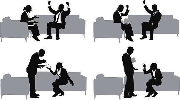 ilustrações, clipart, desenhos animados e ícones de silhueta de casal em reunião de negócios - cheering men shouting silhouette
