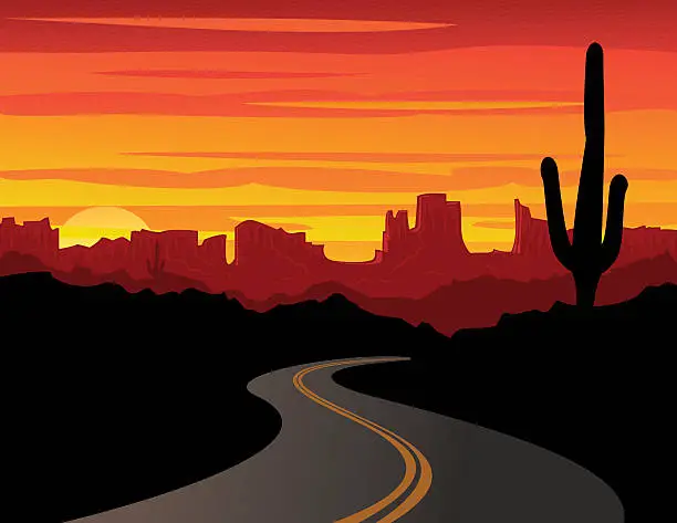 Vector illustration of Vector graphic of bold desert sunset with silhouette cactus
