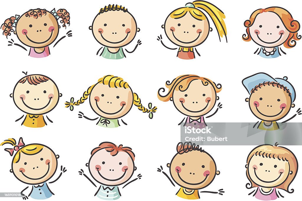 Kids' faces 12 little happy cartoon kids. Human Face stock vector