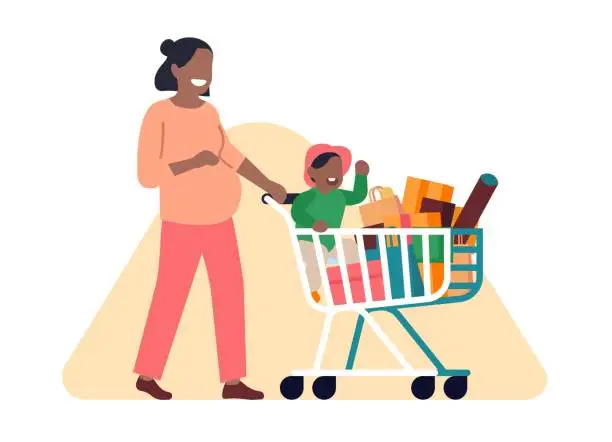 Vector illustration of Pregnant woman with baby at supermarket. Mother carry shopping cart. Mom making purchases in shop. Female buying clothes with daughter. Store bags and girl in trolley. Vector concept