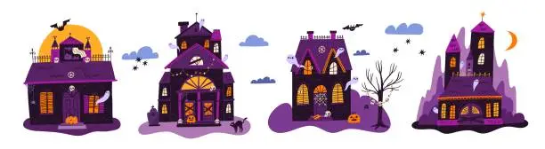 Vector illustration of Halloween houses. Horror gothic village buildings. Spooky witches dwellings. Black cat. Creepy castles. Scary mansion with cobwebs and ghosts. Night landscape elements. Garish vector set