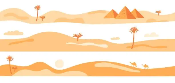 Vector illustration of Egyptian landscapes seamless borders. Desert scenery. Sands dunes with ancient pyramids. Palm trees and camels. Dry climate. Sky clouds and sun. African Sahara panorama. Garish vector set