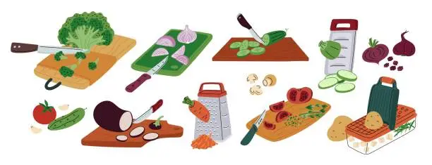 Vector illustration of Slicing vegetables on cutting boards. Ingredients preparing process. Products grating or grinding. Natural fresh raw food. Dinner cooking. Cabbage or onion chopping. Garish vector set