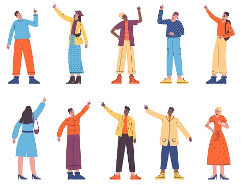 Cartoon people looking up. Men and women point with fingers upwards. Young persons standing backside. Target search. Girls showing with forefingers. Guys raising hands. Arms gesture. Vector poses set