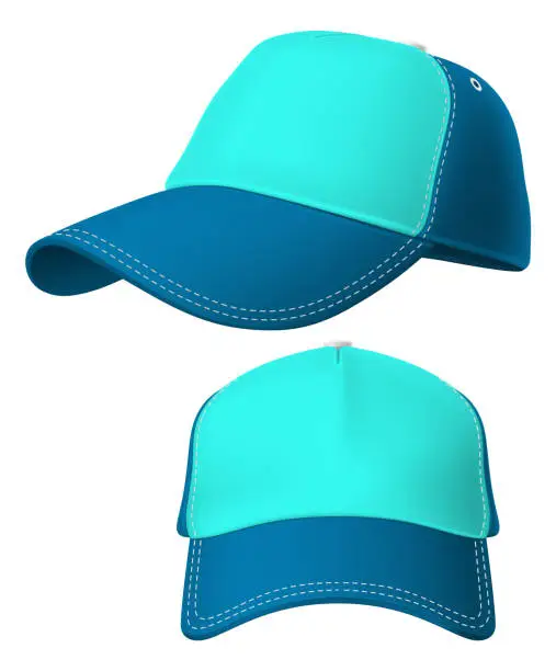 Vector illustration of Color baseball. Realistic cap. Blue visor. Head clothing. Sport accessory. Unisex textile hat. Modern headgear front and side view. Headwear mockup for branding. Vector apparel object