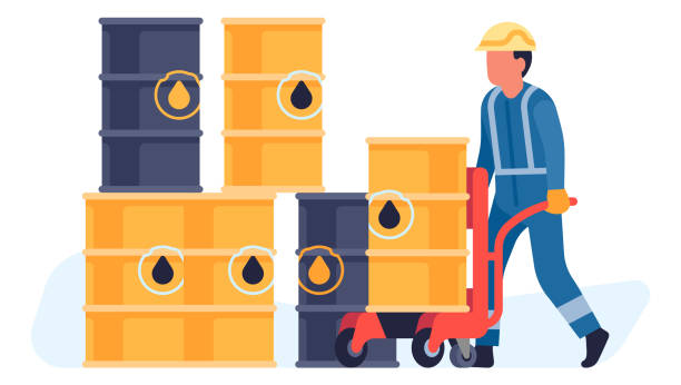 Oil petroleum industry. Man carry petrol barrels. Refinery plant worker in uniform. Metal containers stack. Oilman loading gasoline cask with trolley. Warehouse shipment. Vector concept Oil petroleum industry. Man carry petrol barrels. Refinery plant worker in uniform. Metal containers stack. Oilman loading gasoline cask with trolley. Warehouse shipment. Fossil fuel. Vector concept stacking food containers stock illustrations