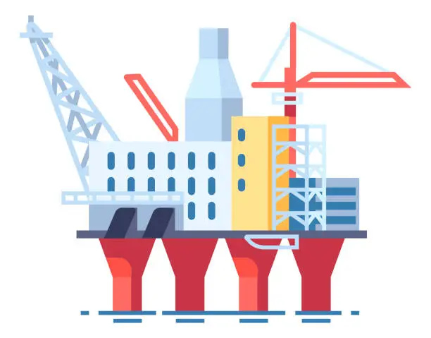 Vector illustration of Oil petroleum industry. Marine platform. Gasoline production. Industrial rig and derrick. Sea petrol well. Ocean drilling and mining equipment. Offshore gas extraction. Vector concept