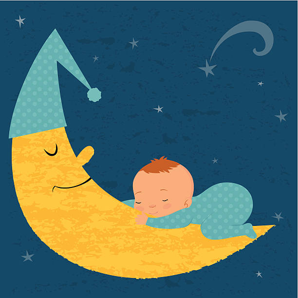 Sleeping baby boy with moon Baby boy sleeping on the moon. bedtime illustrations stock illustrations