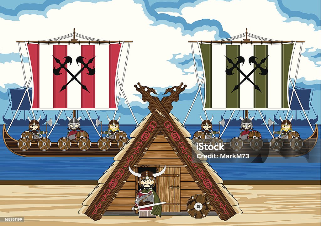 Viking Warriors y los buques escena - arte vectorial de Barco de vikingos libre de derechos