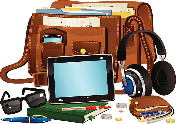 Vector illustration of Brown leather bag and items