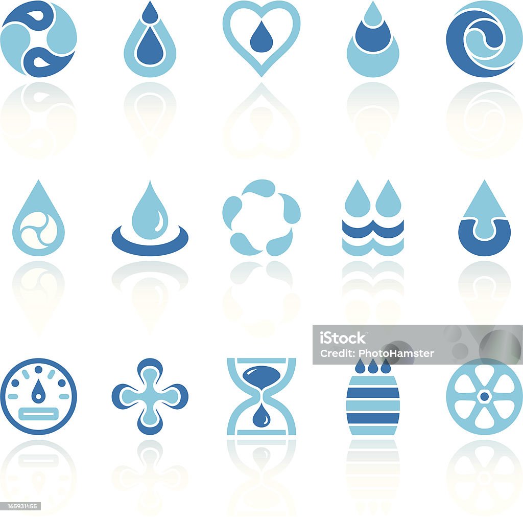 water recycling symbols Set of 15 variable water saving/recycling symbols, with reflections on individual layer. Large JPEG (3000x2900), layered AI EPS 8. Archive: screensize JPEG, large 300 dpi layered PSD, 2 large PNG for icons and reflections, AI 7. Only linear gradients on reflections. Water stock vector