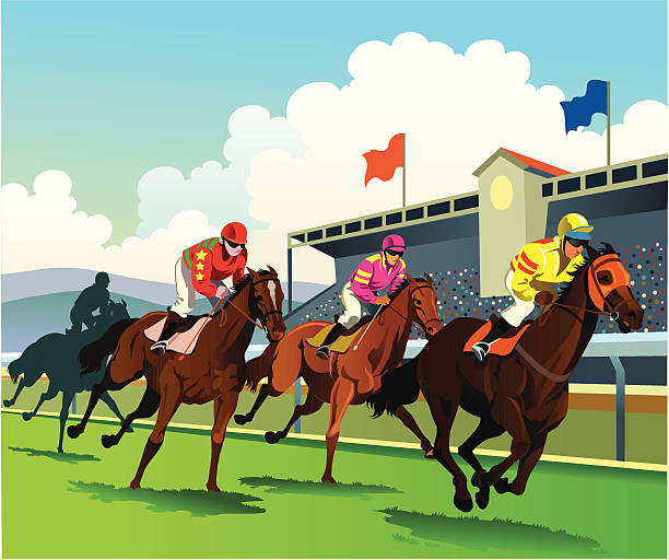 illustrations, cliparts, dessins animés et icônes de course de chevaux pur-sang à la ligne d'arrivée - jockey