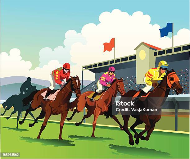 Чистокровная Лошадей Гонки К Финишной Линии — стоковая векторная графика и другие изображения на тему Скачки - Скачки, Лошадь, Беговая дорожка ипподрома