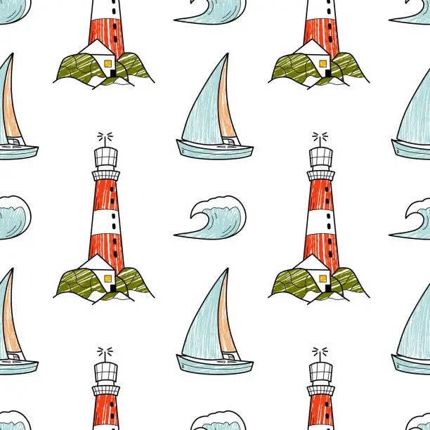 Vector illustration of vector pencil seamless pattern on the theme of sea cruise