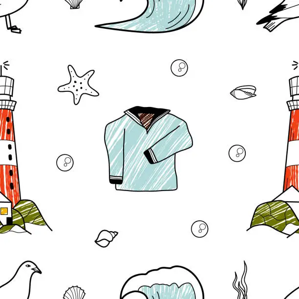 Vector illustration of vector pencil seamless pattern on the theme of sea cruise