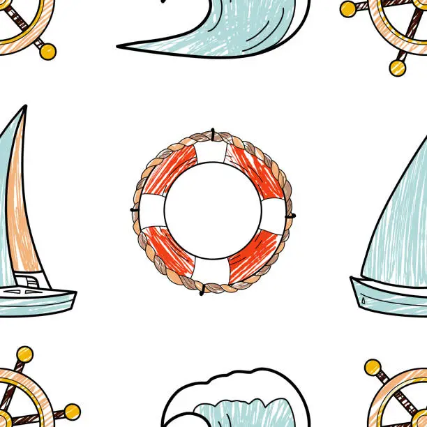 Vector illustration of vector pencil seamless pattern on the theme of sea cruise