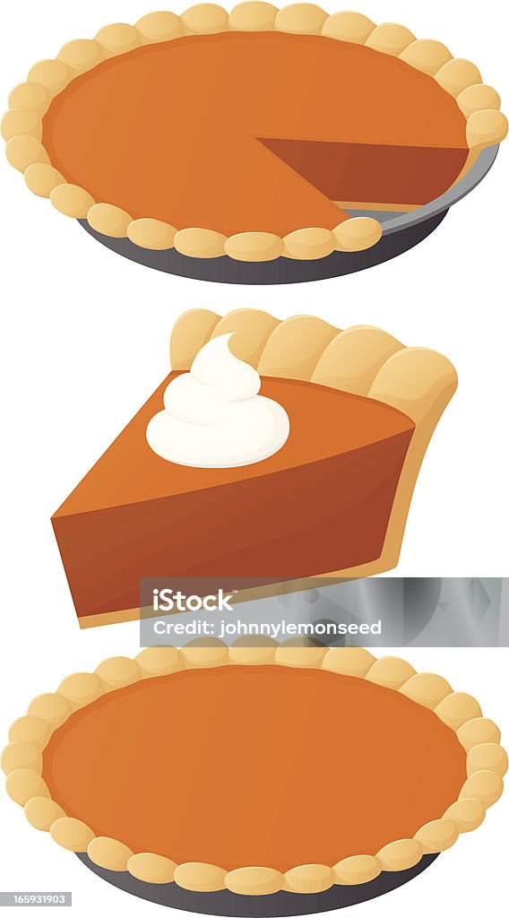 Pumpkin Pie Vector illustration of pumpkin pie: a whole pie; a whole pie, minus a slice; and a slice of pie. Illustration uses linear gradients. Both .ai and AI8-compatible .eps formats are included, along with a high-res .jpg and a high-res .png with transparent background. Each illustration is on its own layer, easily separated from the other layers. Pumpkin Pie stock vector