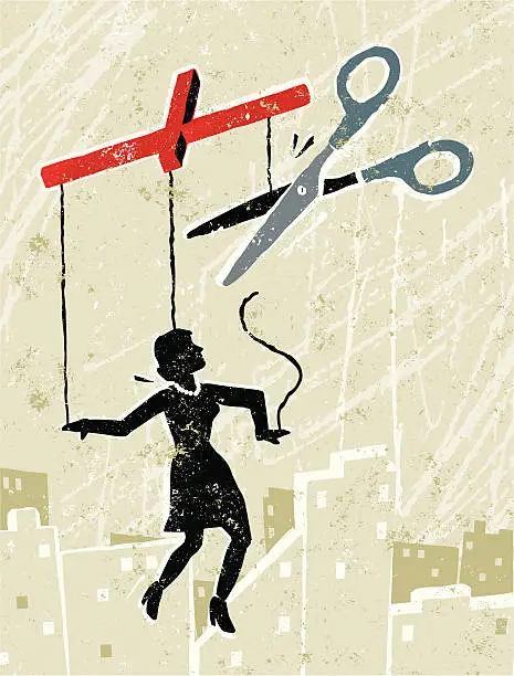 Vector illustration of Business Woman Marionette Being Set Free with Scissors