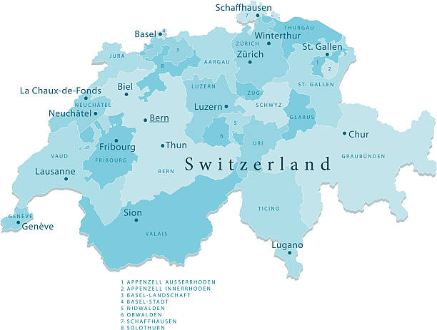 Switzerland Vector Map Regions Isolated "Detailed vector map of Switzerland with administrative divisions. File was created on October 31, 2012. The colors in the .eps-file are ready for print (CMYK). Included files: EPS (v8) and Hi-Res JPG (5600aa aaa 4344 px)." zurich map stock illustrations
