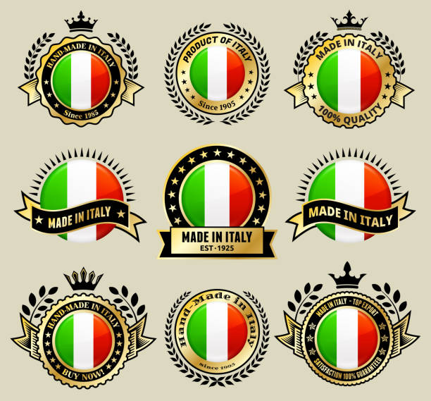 illustrazioni stock, clip art, cartoni animati e icone di tendenza di realizzata in italia con bandiera vettoriale icona set distintivo - made in italy