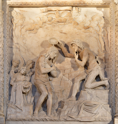 Naples - The relief of Baptism of Jesus in the church Basilica di San Giovanni Maggiore by Giovanni Merliano (cca 1540).